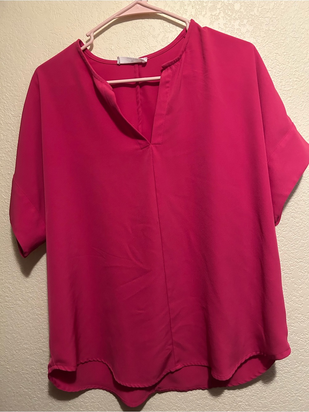Zenana Outfitters Hot Pink Split-Neck Short Sleeve Blouse